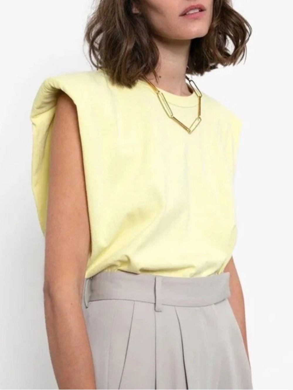 The Frankie Shop Eva Padded Shoulder Muscle Tee Top, Butter Yellow Size Medium